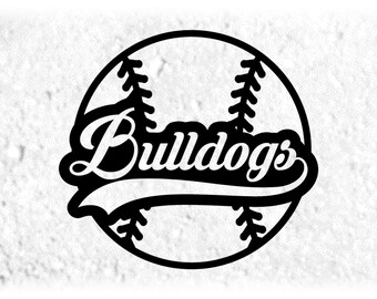 Sports Clipart: Black Baseball Silhouette with Team Name "Bulldogs" in Script Baseball Style with Swoosh - Digital Download svg png dxf pdf