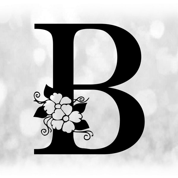 Word Clipart: Black Formal Capital Letter "B" with Floral / Flower Accents - Change Color w/ Your Own Software - Digital Download SVG & PNG