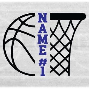 Sports Clipart: Black Bold Half Basketball & Half Hoop with Net Split Name Frame - You Add Your Own Text - Digital Download svg png dxf pdf