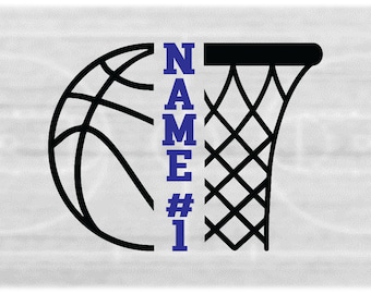 Sports Clipart: Black Bold Half Basketball & Half Hoop with Net Split Name Frame - You Add Your Own Text - Digital Download svg png dxf pdf