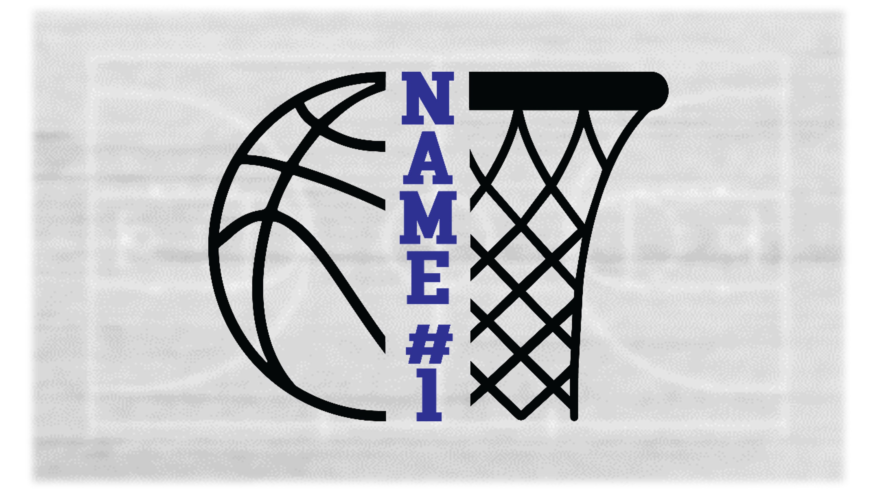 Sports Clipart: Black Bold Half Basketball & Half Hoop with Net Split Name Frame - You Add Your Own Text - Digital Download svg png dxf pdf