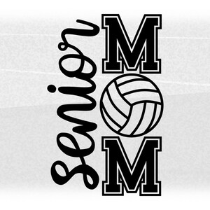 Sports Clipart: Black Words "Senior Mom" in Script and Varsity Style with Volleyball as the Letter "O" - Digital Download svg png dxf pdf
