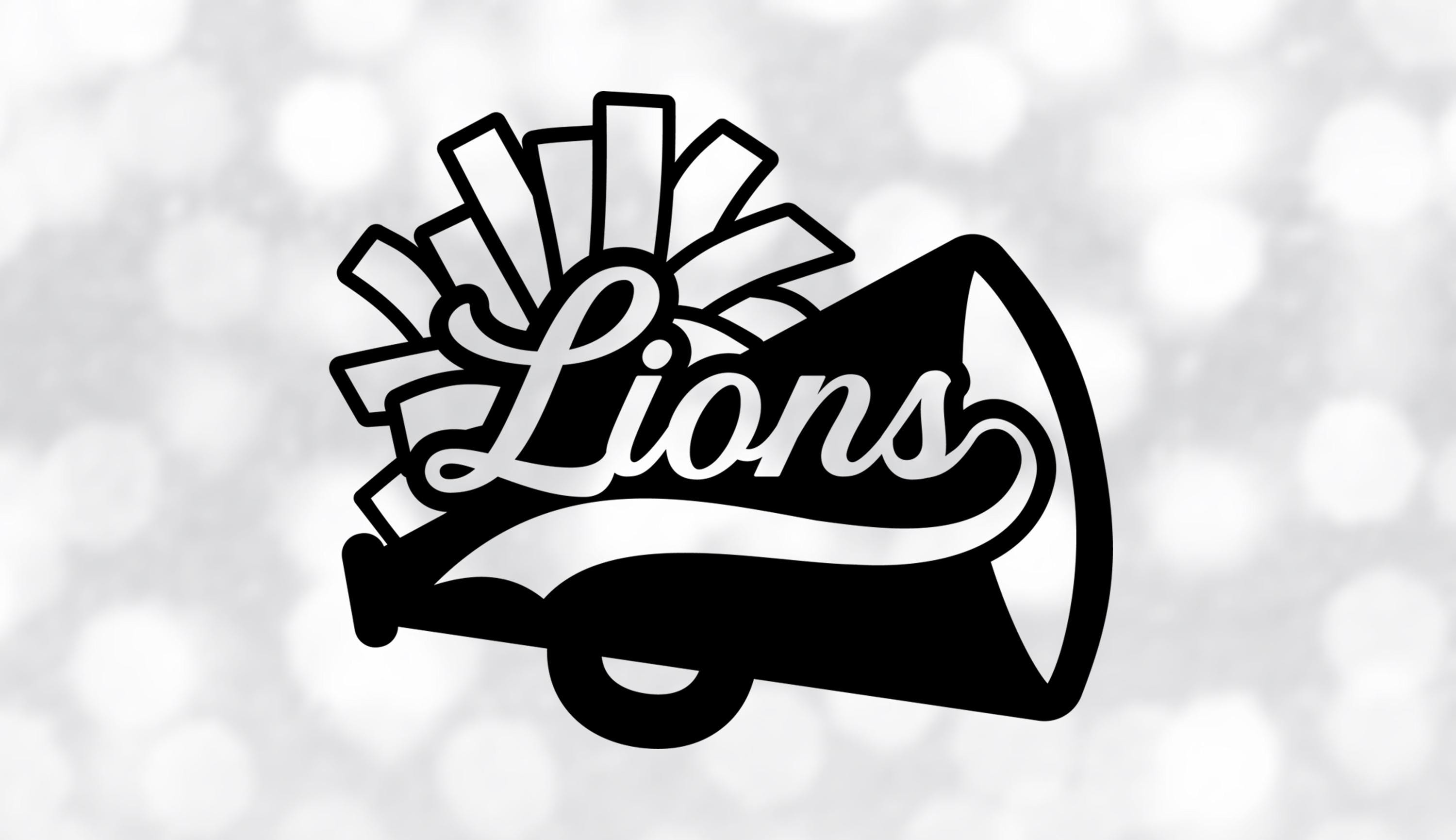 Sports Clipart: Black Cheerleader Megaphone with Pom Pom Outline with Script "Lions" School Mascot Name - Digital Download svg png dxf pdf