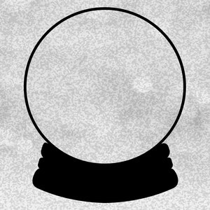 May include: A black and white silhouette of a snow globe with a round top and a base. The snow globe is on a white background.