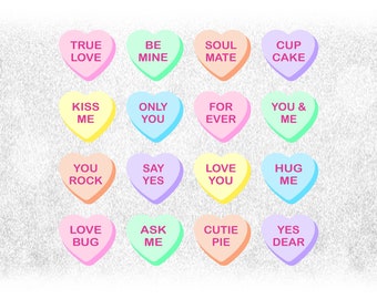 Holiday Clipart Bundle: 16 Sweetheart Candies in Pastel Colors on 1 Sheet w/ Sayings for Love, Valentine's Day - Digital Download SVG / PNG