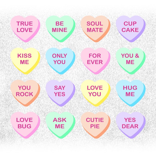 Holiday Clipart Bundle: 16 Sweetheart Candies in Pastel Colors on 1 Sheet w/ Sayings for Love, Valentine's Day - Digital Download SVG / PNG