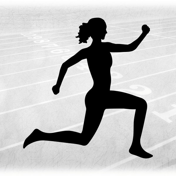 Sports Clipart: Black Track & Field Triple Jump Event Silhouette w/ Female Jumper Jumping, Second Phase Position - Digital Download SVG/PNG