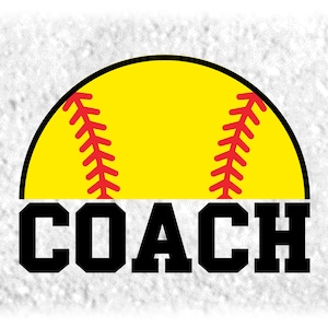 Sports Clipart:  Word "COACH" in College Style with Half Softball in Yellow, Red, Black - Players, Teams - Digital Download svg png dxf pdf