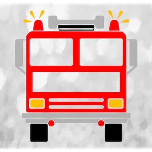 May include: A red fire engine with yellow lights and black wheels. The engine is on a white background with grey watercolour splatter.