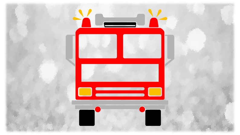 May include: A red fire engine with yellow lights and black wheels. The engine is on a white background with grey watercolour splatter.