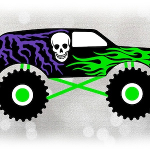 Car/Automotive Clipart: Black Monster Truck, White Skull, Green Flames, Purple Lightning, Graveyard Digging - Digital Download SVG and PNG