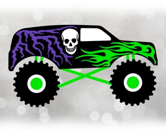 Car/Automotive Clipart: Black Monster Truck, White Skull, Green Flames, Purple Lightning, Graveyard Digging - Digital Download SVG and PNG