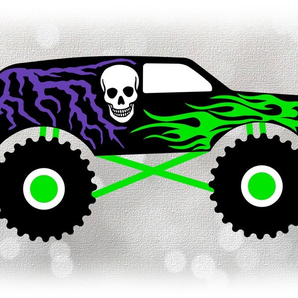Car/Automotive Clipart: Layered Black Monster Truck, White Skull, Green Flames, Purple Lightning - Like Grave Digger - Digital Download SVG