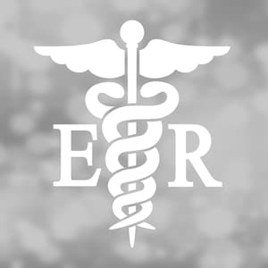 May include: White medical symbol with a snake wrapped around a staff and wings, with the letters "ER" below it.