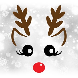 Holiday Clipart: Meisje of vrouwelijke rendieren met zwarte ogen / wimpers, bruine oren en geweien, rode neus voor Kerstmis - Digitale download SVG/PNG