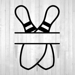 Sport Clipart: Zwei gekreuzte schwarz gestreifte Bowling Pin Umrisse geteilt mit Namen Rahmen zum Personalisieren für Bowler - Digitaler Download SVG und PNG