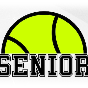 Sports Clipart: Half Tennis Ball Outline w/ Word "Senior" in Bold College Style, Black with Green Overlay - Digital Download svg png dxf pdf
