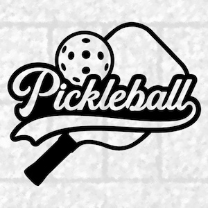 Sports Clipart: Script Word Pickleball with Swoosh, Paddle or Racket, and Ball with Holes Cutout of Black - Digital Download svg png dxf pdf
