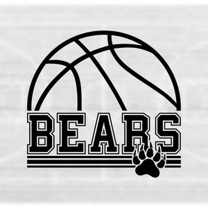 Sports Clipart: Black Half Basketball with "Bears" Team Name Varsity Style with Paw Silhouette Cutout - Digital Download svg png dxf pdf