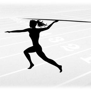 Sports Clipart: Black Track & Field Silhouette of Female/Woman Thrower with "Javelin" in Throwing Motion - Digital Download svg png dxf pdf