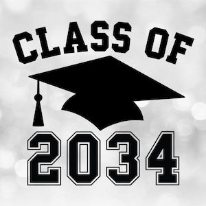 Educational Clipart: Black Class of 2034 Arched College Style Letters with Graduation Cap and Tassel - Digital Download svg png dxf pdf