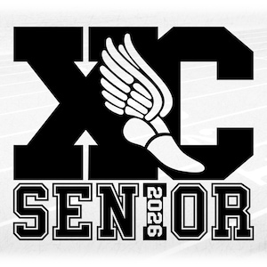Sports Clipart: Black Cross Country "XC" with Track Shoe Cutout  and "SENIOR" 2026 in Collegiate Style - Digital Download svg png dxf pdf