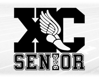 Sports Clipart: Black Cross Country "XC" with Track Shoe Cutout  and "SENIOR" 2026 in Collegiate Style - Digital Download svg png dxf pdf