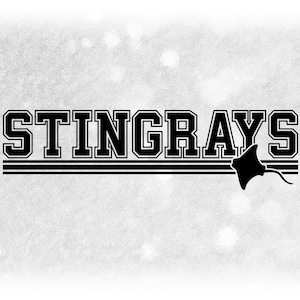 May include: Black and white graphic design with the text "STINGRAYS" in a bold, blocky font. A stylized stingray is positioned below the text.