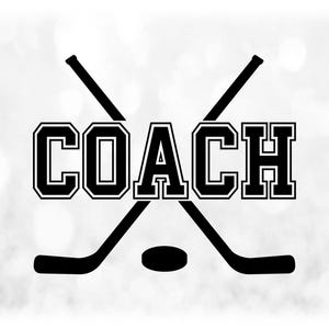 Sports Clipart: Black Crossed Ice Hockey Sticks and Puck with College Varsity Word "Coach" for Coaches - Digital Download svg png dxf pdf