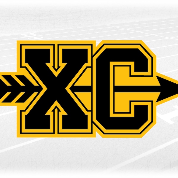 Sports Clipart: Thick Bold Black Letters "XC" for Cross Country with Arrow across Middle Layered on Gold - Digital Download svg png dxf pdf