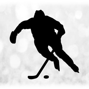Sports Clipart: Black Hockey Player Silhouette in Playing Stance with Puck and Stick for Players Teams Coaches - Digital Download SVG & PNG