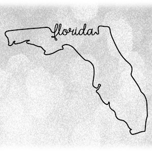 Geographie Clipart: Schwarze Silhouette Umriss des Bundesstaates Florida mit in Schreibschrift beschriftetem Rand - Digitaler Download SVG / PNG