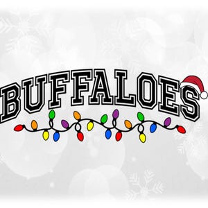 Holiday Clipart: Black Arched Team Mascot Name "Buffaloes" with Santa Hat and String of Christmas Lights - Digital Download svg png dxf pdf