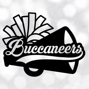 Sports Clipart: Black Cheerleader Megaphone with Pom Pom and Script School Mascot Name "Buccaneers" - Digital Download svg png dxf pdf