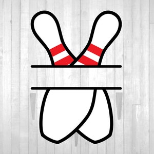 May include: Two black and white bowling pins with red stripes, crossed over each other, with a blank space in the middle for text.