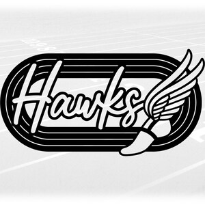 Sports Clipart: Black Track & Field Lanes with Script Word "Hawks" and Wing Running Shoe Symbol Cutout - Digital Download svg png dxf pdf