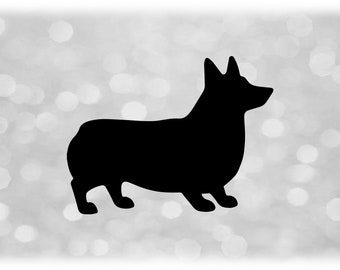 Op de afbeelding: Zwarte silhouet van een corgi-hond tegen een witte en grijze achtergrond met een bokeh-effect.