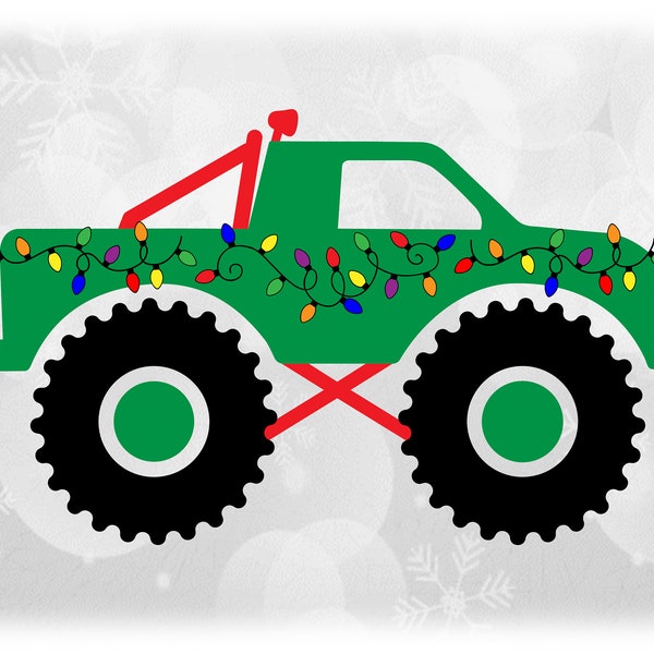 Car/Automotive Clipart: Red and Green Christmas Theme Monster Truck with Strands of Holiday Lights along Side - Digital Download SVG & PNG