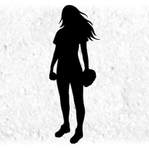 Sports Clipart: Black Silhouette of Female Softball Player Holding Mitt and Ball with LongFlowing Hair - Digital Download svg png dxf pdf