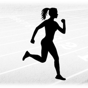 Sports Clipart: Simple Black Silhouette of Female / Girl / Woman Runner with Pony Tail in Running Stance - Digital Download svg png dxf pdf