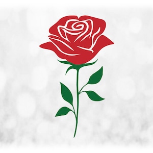 Nature Clipart: Large Red and Green Simple, Easy, Beautiful Full Bloom Rose on Stem with Decorative Leaves - Digital Download SVG & PNG