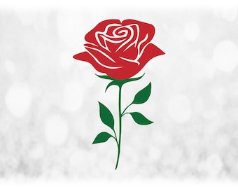 Nature Clipart: Large Red and Green Simple, Easy, Beautiful Full Bloom Rose on Stem with Decorative Leaves - Digital Download SVG & PNG