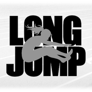 Sports Clipart: Black Words "Track and Field" with Gray Overlay of Female Long Jump Silhouette Jumping - Digital Download svg png dxf pdf