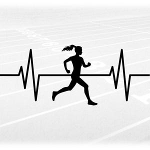 Sports Clipart: Black Track & Field Female Runner or Cross Country w/ Heart Rate, Beat, EKG, ECG or Pulse - Digital Download svg png dxf pdf
