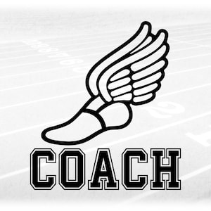 Sports Clipart: Black Track and Field Winged Shoe with Bold College Varsity Word "Coach" for Coaches - Digital Download svg png dxf pdf