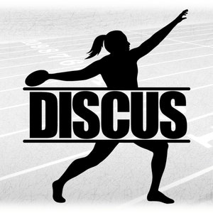 Sports Clipart: Word "Discus" inside Black Silhouette of Track & Field Female / Woman Throwing Discus - Digital Download svg png dxf pdf