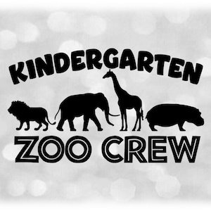 Animal Clipart: Black Bold "Kindergarten" w/ Tribal "Zoo Crew" and Lion, Elephant, Giraffe, Hippopotamus - Digital Download svg png dxf pdf