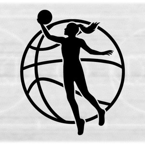 Sports Clipart: Black Basketball with Silhouette of Female Player Jumping Up in Air with Ball in One Hand, Digital Download svg png dxf pdf