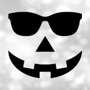 May include: Black and white silhouette of a pumpkin face wearing sunglasses and smiling. The background is a blurry white.