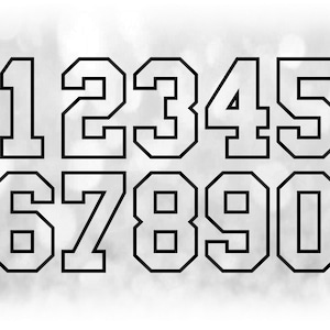 Sport: jerseynummersjablonen gegroepeerd op één vel - zwarte vetgedrukte blokomtrek - digitale download SVG - geen installeerbaar lettertypebestand